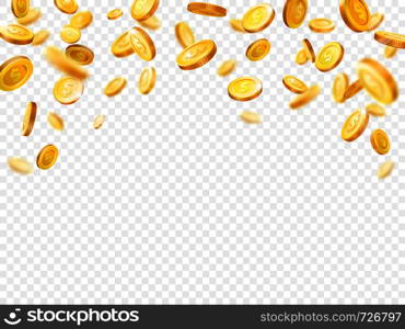 Earnings gold money rain. Golden coins of million dollars lottery games win prize. Casino golden cash explosion and flying coin chips isolated vector 3d illustration on white checkered background. Earnings gold money rain. Golden coins of million dollars lottery games prize. Cash explosion and flying coin vector illustration