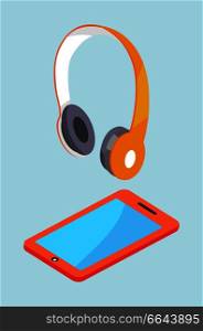 Earphones and smartphone modern stereo equipment. Wireless headphones and tablet vector three dimensional illustrations isolated on blue background.. Earphones and Smartphone Modern Stereo Equipment.