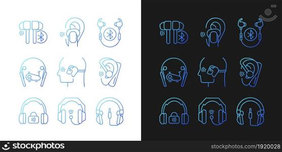 Earphones gradient icons set for dark and light mode. Professional headphones for music mastering. Thin line contour symbols bundle. Isolated vector outline illustrations collection on black and white. Earphones gradient icons set for dark and light mode