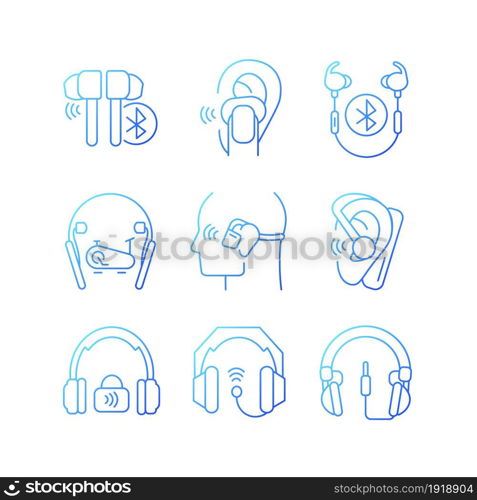 Earphones gradient linear vector icons set. Professional headphones for music mastering. Wired, wireless device. Thin line contour symbols bundle. Isolated outline illustrations collection. Earphones gradient linear vector icons set