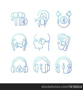Earphones gradient linear vector icons set. Professional headphones for music mastering. Wired, wireless device. Thin line contour symbols bundle. Isolated outline illustrations collection. Earphones gradient linear vector icons set