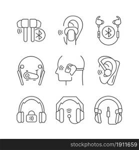Earphones linear icons set. Professional headphones for music mastering. Earpieces for sport activities. Customizable thin line contour symbols. Isolated vector outline illustrations. Editable stroke. Earphones linear icons set