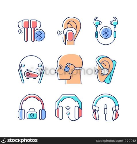 Earphones RGB color icons set. Professional headphones for music mastering. Earpieces for sport. Wired, wireless device. Isolated vector illustrations. Simple filled line drawings collection. Earphones RGB color icons set