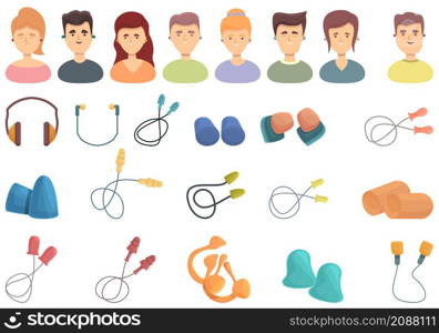 Earplugs icons set cartoon vector. Ear plug protection. Medical auditory. Earplugs icons set cartoon vector. Ear plug protection