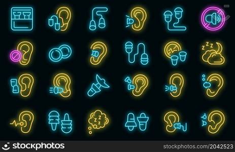 Earplugs icons set outline vector. Anti care device. Ear plug protection. Earplugs icons set vector neon