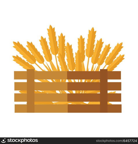 Ears of cereal vector. Flat design. New harvest, grain growing concept. Illustration of wooden box, full of wheat, rye, oat, ears for bakery, bread store, agricultural company ad printing, web design.. Wheat Concept Vector Illustration in Flat Design.