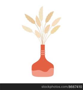 Ears of wheat in glass scandinavian pottery vase, interior decoration. Vector cartoon flower bouquet of spikes in glass jug, fresh field flowers. Field flowers, ears of wheat in glass jug bottle