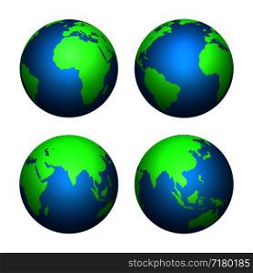 Earth 3d globe. World map with green continents and blue oceans. Vector isolated set of earth planet, world globe with continent illustration. Earth 3d globe. World map with green continents and blue oceans. Vector isolated set