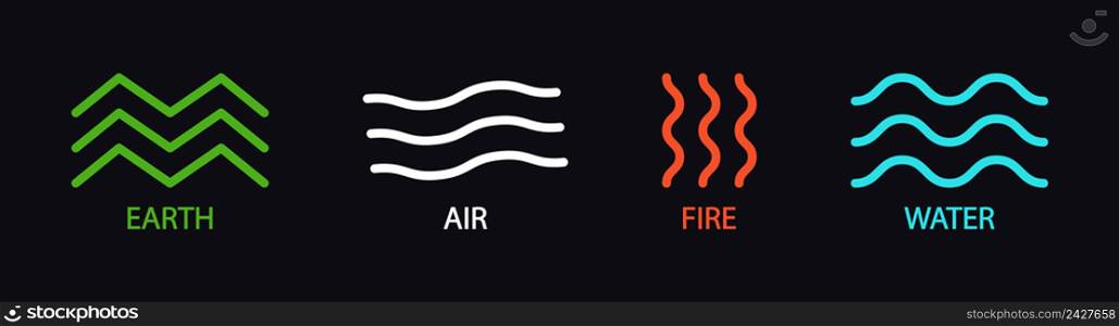 Earth, air, fire and water. Four nature elements. Symbol of earth, fire, water and air isolated on black background. Patterns of environment with 4 logos. Nature concept. Vector.