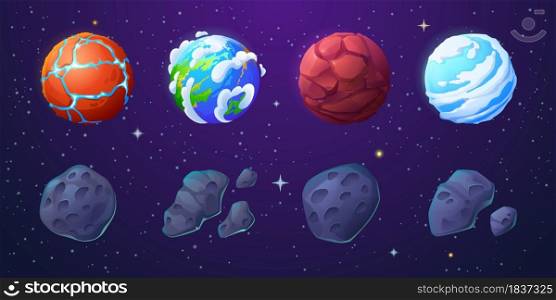 Earth, alien planets and asteroids in outer space with stars. Vector cartoon set of stone meteorites with craters and unusual planets with water, cracks and clouds. Earth, alien planets and asteroids in outer space