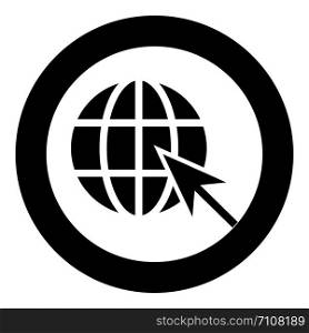 Earth ball and arrow Global web internet concept Sphere and arrow Website symbol icon in circle round black color vector illustration flat style simple image. Earth ball and arrow Global web internet concept Sphere and arrow Website symbol icon in circle round black color vector illustration flat style image