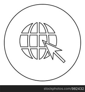 Earth ball and arrow Global web internet concept Sphere and arrow Website symbol icon in circle round outline black color vector illustration flat style simple image. Earth ball and arrow Global web internet concept Sphere and arrow Website symbol icon in circle round outline black color vector illustration flat style image