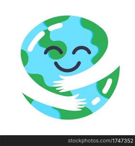 Earth caring. Cute planet mascot hugs himself, ecology concept, protect and take care nature. Cute globe character vector illustration. Planet earth cartoon, environment global symbol. Earth caring. Cute planet mascot hugs himself, ecology concept, protect and take care nature. Cute globe character vector illustration
