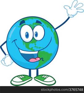 Earth Cartoon Mascot Character Waving For Greeting