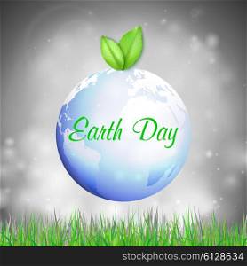 Earth Day background with the words, blue sky, blue planet, green leaves and green grass. Vector illustration.