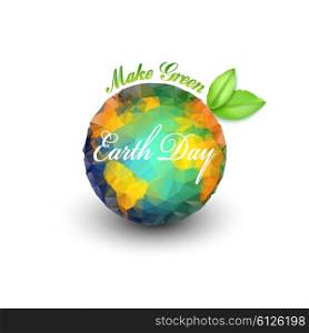 Earth Day background with the words, planet and green leaves. Triangle design vector illustration.
