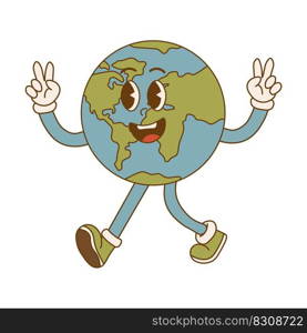 Earth Day. Cartoon cute earth planet character in retro style. Environmental eco concept. Vector illustration