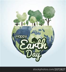 Earth day concept design of watercolor tree and world vector illustration