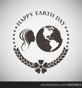 Earth day emblem with girl kissing planet. Vector illustration.