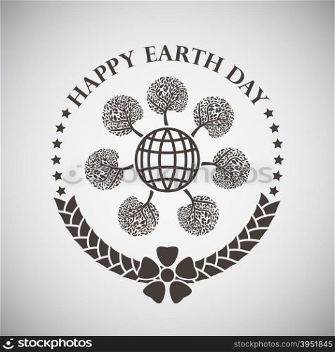 Earth day emblem with globe and trees around. Vector illustration.