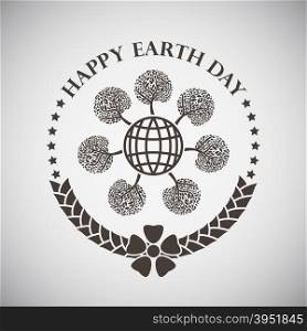 Earth day emblem with globe and trees around. Vector illustration.