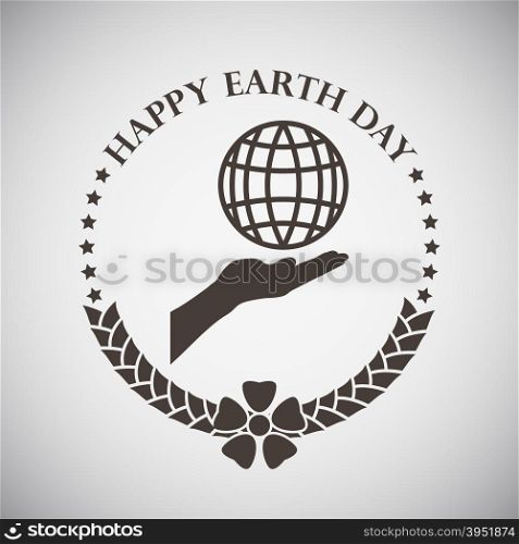 Earth day emblem with palm holding planet. Vector illustration.