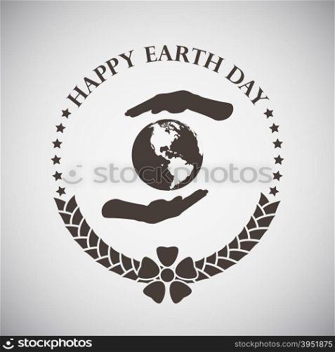Earth day emblem with palms holding planet. Vector illustration.
