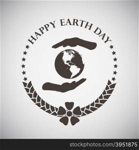 Earth day emblem with palms holding planet. Vector illustration.