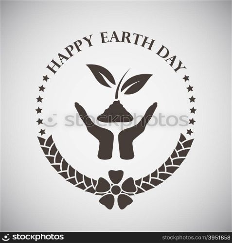 Earth day emblem with two palms holding plant. Vector illustration.