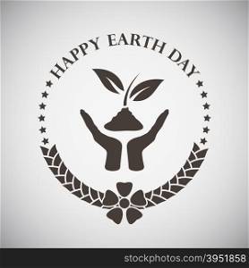 Earth day emblem with two palms holding plant. Vector illustration.
