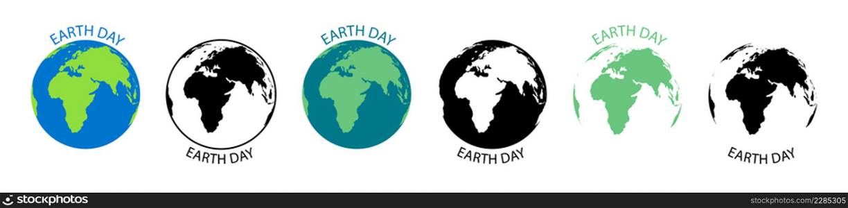 Earth day. Happy Earth day. Environment world day. Planet logo with map. Flat poster for nature. Save ecology and ecosystem. Vector.
