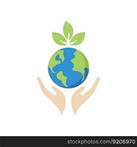 Earth day logo design. World map hand care and leaf logo