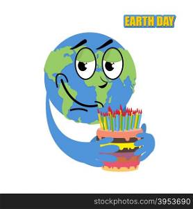 Earth Day. Planet earth and cake. holiday big cake with candles. Birthday earth. Cheerful Globe. Cute globe. World map&#xA;