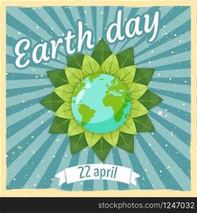 Earth day, planets earth in a stylized flower against a background of space, vector, cartoon style, illustration. Earth day, planets earth in a stylized flower against a background of space, retro, vintage, vector, cartoon style, illustration, isolated