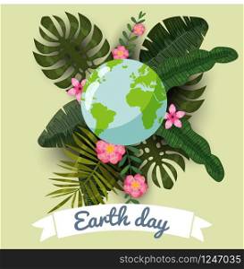 Earth day, planets in a stylized tropical leaves and flowers, vector, cartoon style, illustration. Earth day, planets in a stylized tropical leaves and flowers, vector, cartoon style, illustration, isolated