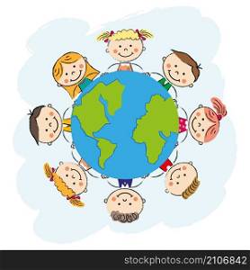 Earth day. Unity of kids and planet Earth concept.. Happy children earth day.