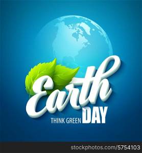 Earth Day. Vector illustration with the words, planets and green leaves EPS 10