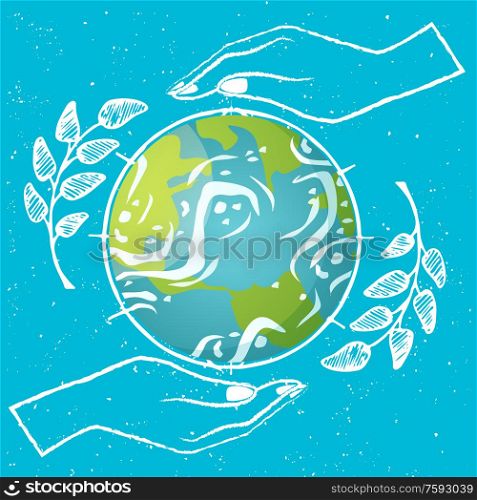 Earth day vector, planet protected by hands of people, conservation of globe flat style. Protection of nature lands and oceans, branches with foliage. Earth Protection Day Globe Planet and Hands Branch
