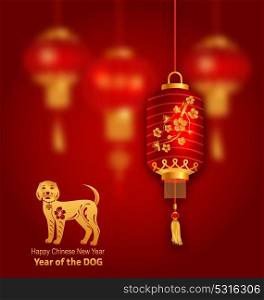 Earth Dog as Symbol of Year 2018, Chinese Background with Red Lanterns. Earth Dog as Symbol of Year 2018, Chinese Background with Red Lanterns - Illustration Vector