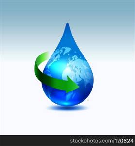 Earth drop with green arrow. Recycle water concept, vector illustration. Recycle water concept
