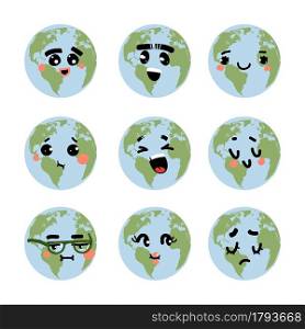 Earth emotions. Cartoon planet with funny faces. Happy or sad facial expressions. Isolated environment comic smiling signs. Various ecological emoticons set. Vector laughing and surprised cute emoji. Earth emotions. Cartoon planet with funny faces. Happy or sad expressions. Environment comic smiling signs. Various ecological emoticons set. Vector laughing and surprised cute emoji