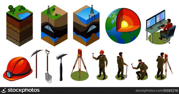 Earth exploration isometric icons, structure of globe, soil layers, scientific laboratory, geological tools, isolated vector illustration . Earth Exploration Isometric Icons