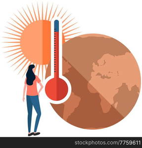 Earth global warming poster. Dried, hot, sweaty and red planet globe. Girl looking at thermometer measuring temperature of air and water on planet. Saving Earth and environmental care concept. Girl looking at thermometer measuring temperature of air and water on planet. Global warming poster