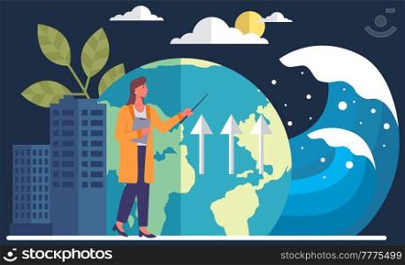 Earth global warming poster. Female teacher is talking about impact of climate change on rising water level. Visualization of human influence on weather. Lesson about ecology on planet Earth. Female teacher is talking about impact of climate change on rising water level. Lesson about planet