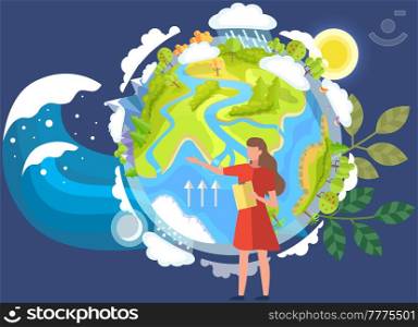 Earth global weather change. Saving Earth and environmental care. Girl is talking about impact of climate change on rising water levels. Visualization of weather in different parts of planet. Girl talking about impact of climate change. Visualization of weather in different parts of planet