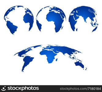 Earth globe. 3d world map with silhouette continents and oceans. Vector isolated set. Illustration of earth silhouette, asia and australia, america and europe. Earth globe. 3d world map with silhouette continents and oceans. Vector isolated set