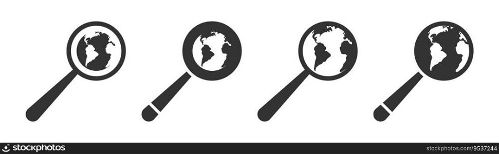 Earth globe and magnifying glass icon. Flat vector illustration.