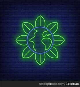 Earth globe flower metaphor neon sign. Environment, nature, ecology design. Night bright neon sign, colorful billboard, light banner. Vector illustration in neon style.