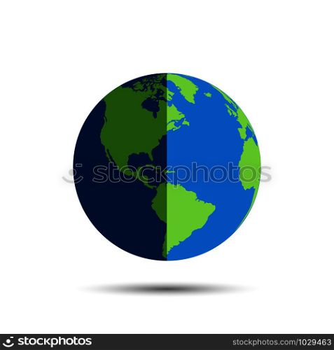 Earth globe icon in day and night. Earth globe vector icon with shadow, isolated on white background. World map in modern simple flat design. Planeta Earth icon. Globe symbol. World map isolated. Eps10