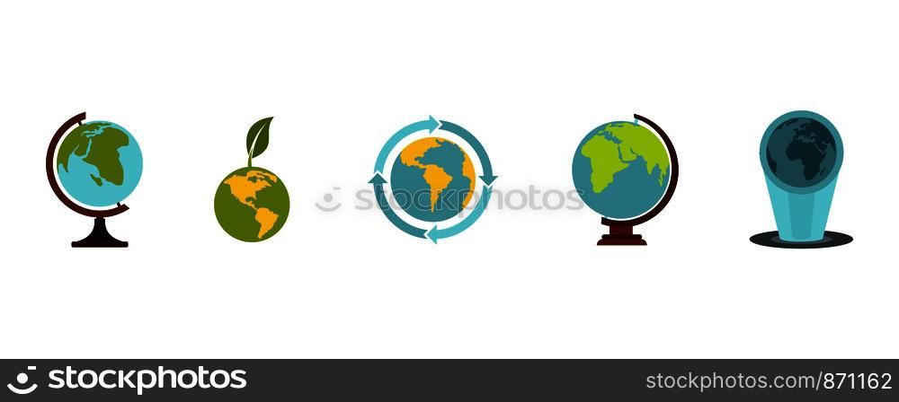 Earth globe icon set. Flat set of earth globe vector icons for web design isolated on white background. Earth globe icon set, flat style